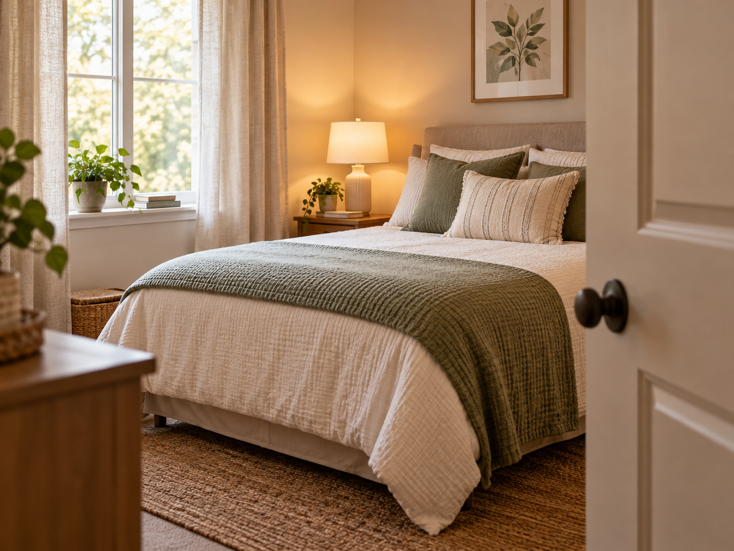 A calm, private bedroom with soft lamplight