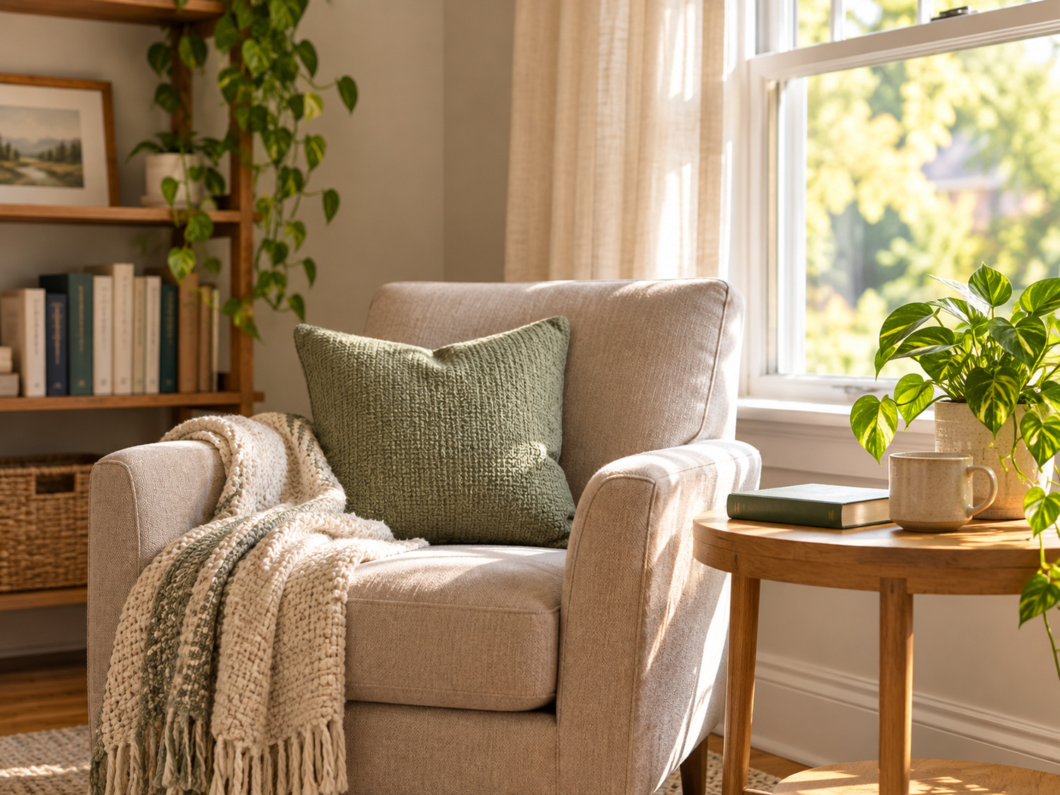 A quiet reading corner with an armchair by a sunny window