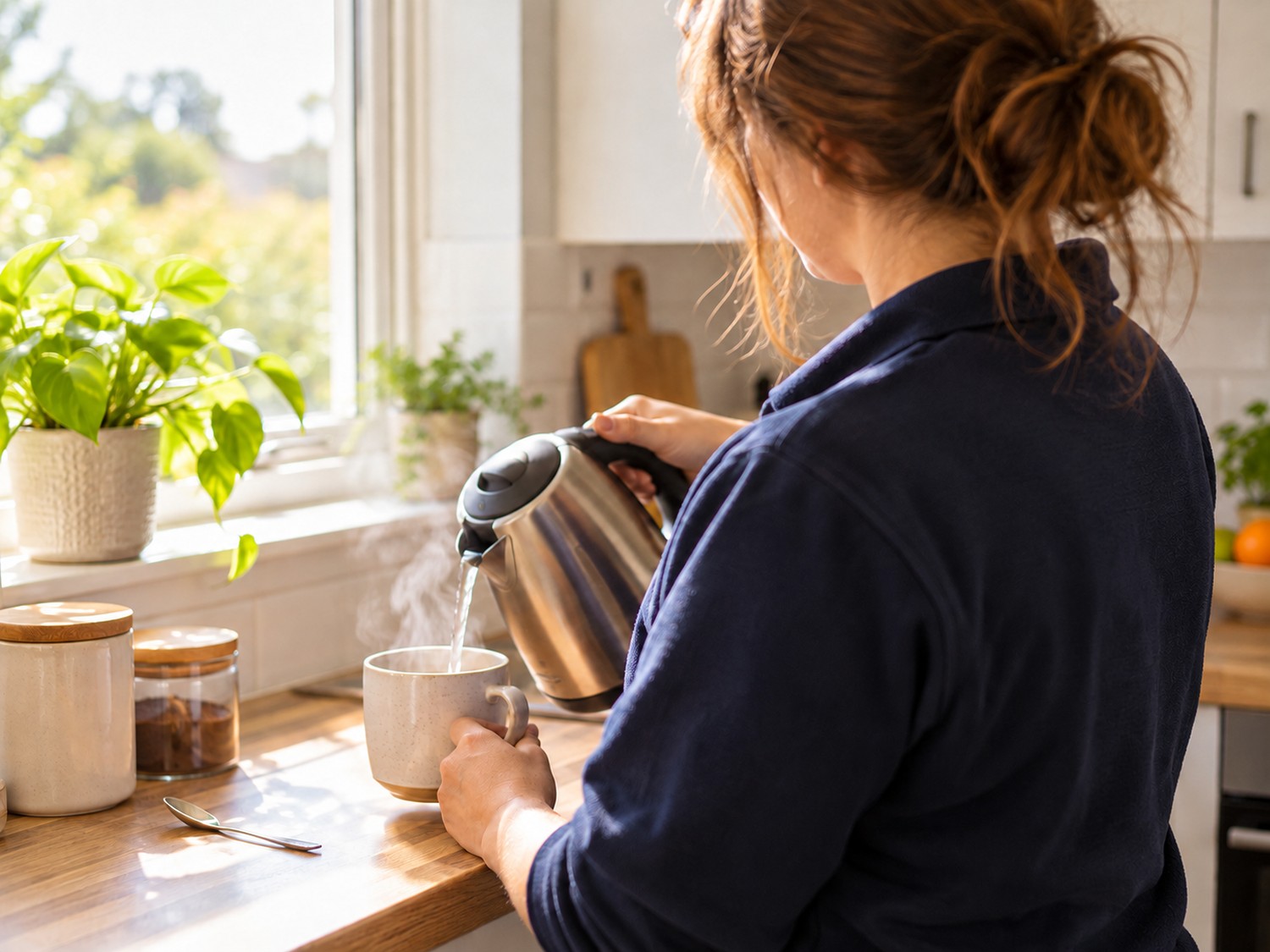 Someone pouring a kettle in a sunny kitchen, seen from behind