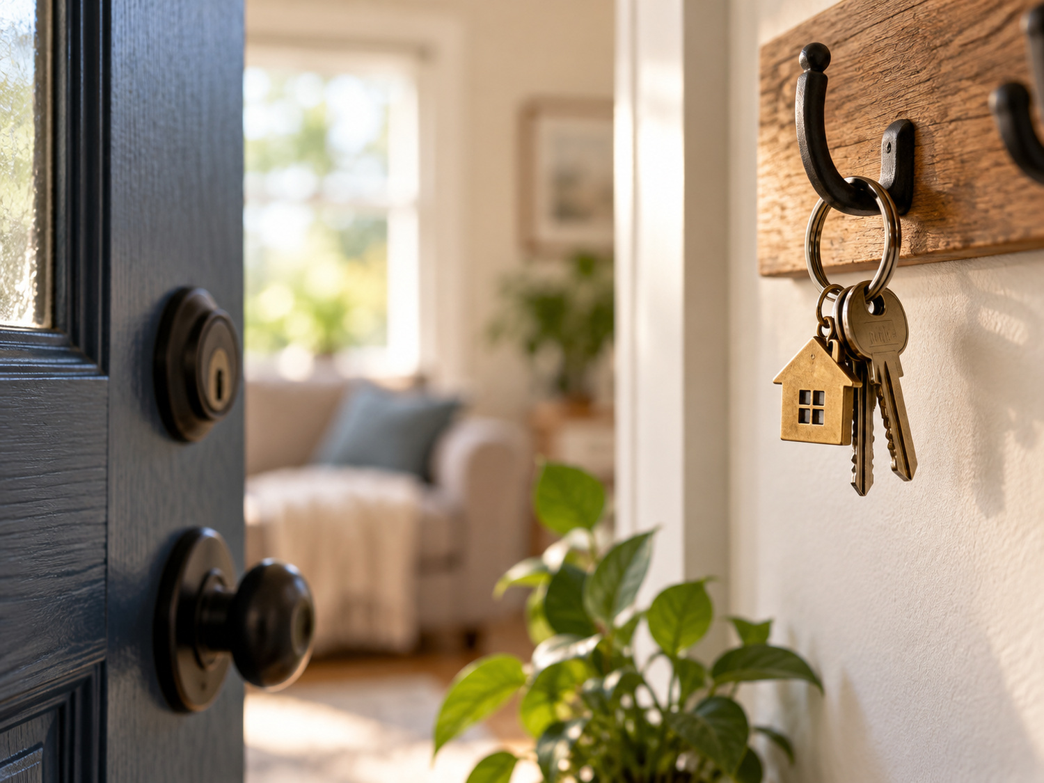 A set of keys hanging by an open front door